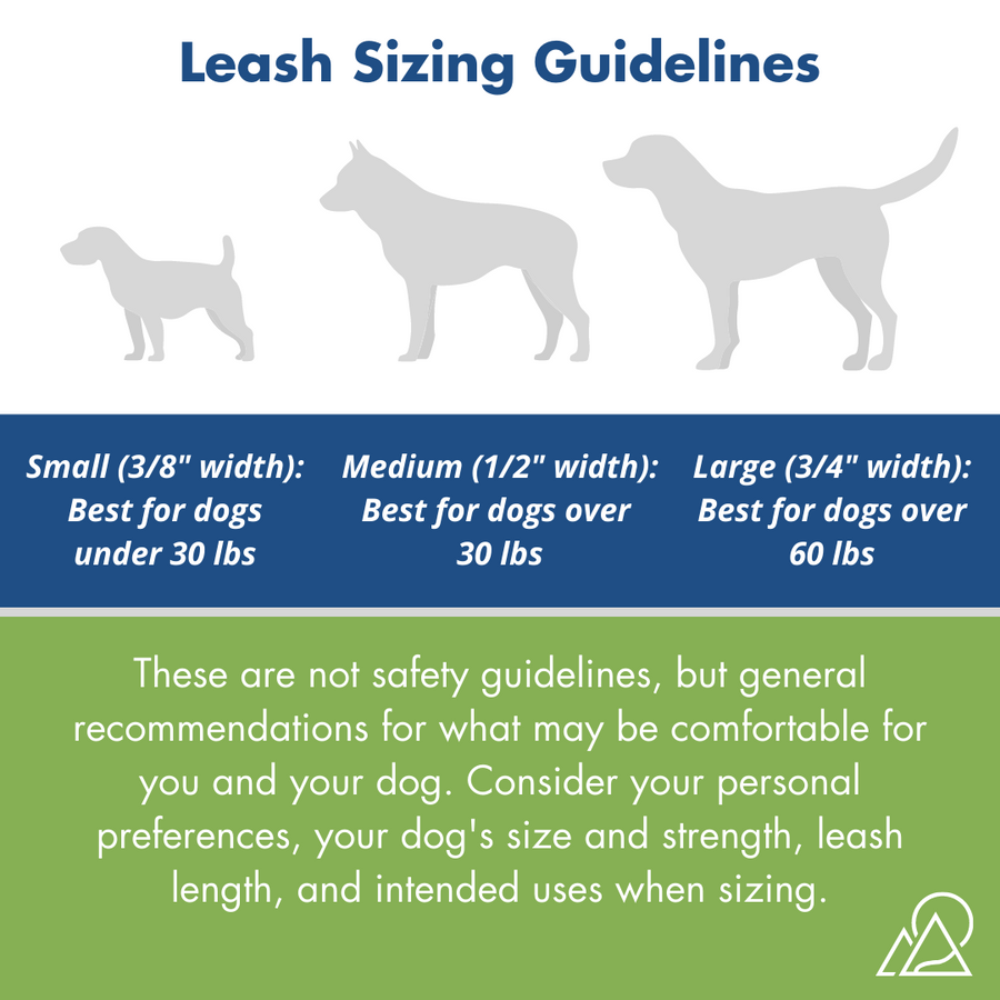 digram showing leash sizing guidelines of biothane dog leash