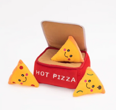 plush borrow toy for dogs "Hot Pizza" pizza box and 3 slices of pizza to hide and find