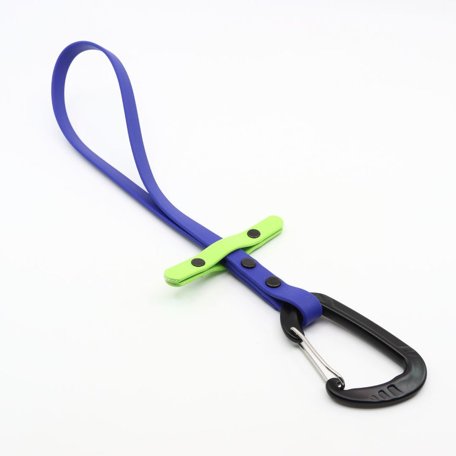 one blue and lime green biothane long line keeper - 3 in 1 design - on a white background