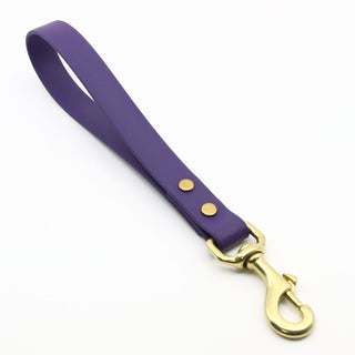 Violet biothane traffic handle with brass hardware on white background