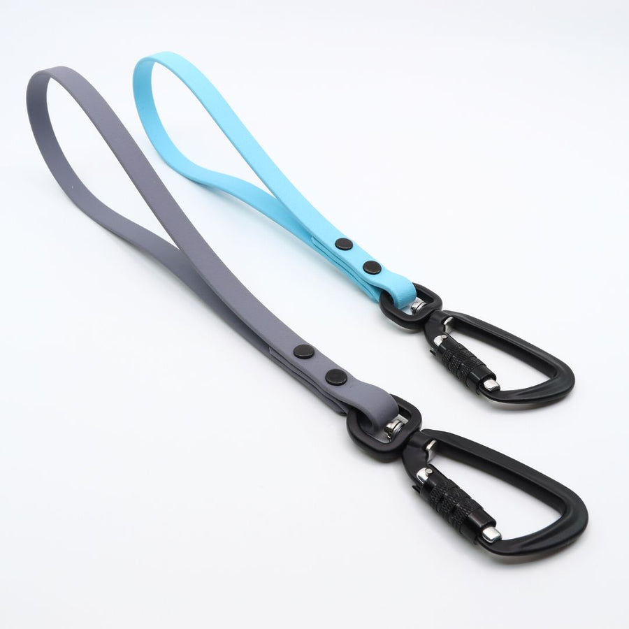 two biothane sport traffic handles in sky blue and granite