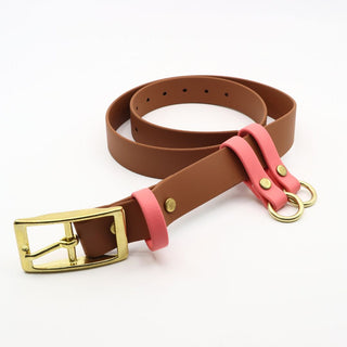 caramel biothane utility belt with coral accents with brass hardware