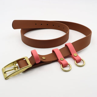 caramel biothane utility bel with coral accents and brass hardware 