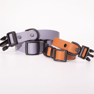 two biothane dog collars with sport hardware in graphite and poppy on white background