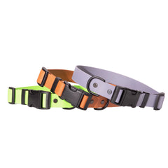 three sizes of biothane dog collar with sport hardware on white background