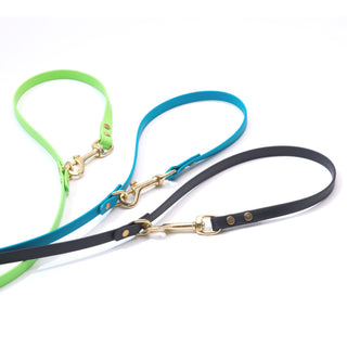 three biothane dog leashes with brass hardware hooked on white background