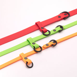three sizes of biothane dog leashes close up with sport hardware options on white background