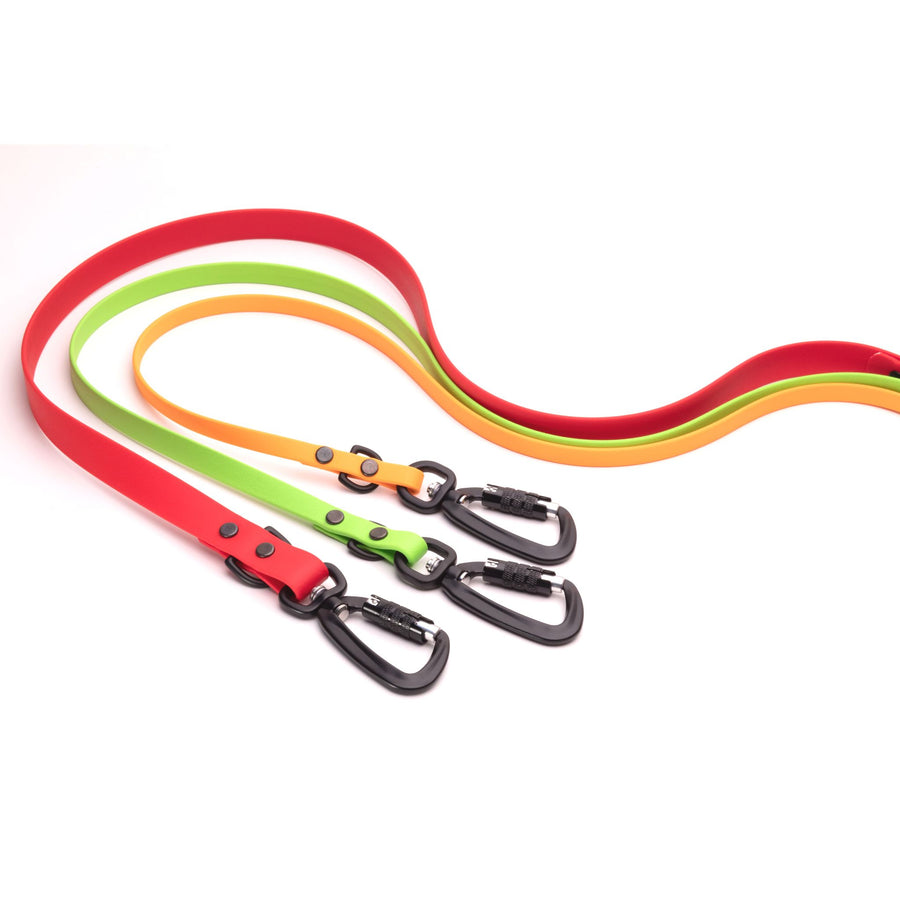 red, green and orange biothane hands free dog leash on white background