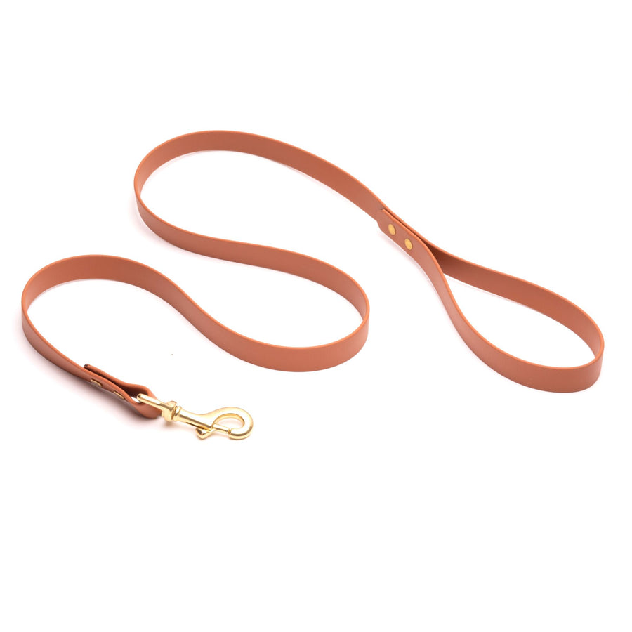 brown biothane dog leash with brass hardware on white background