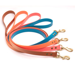 brown orange coral and light blue biothane dog leash with brass hardware on white background
