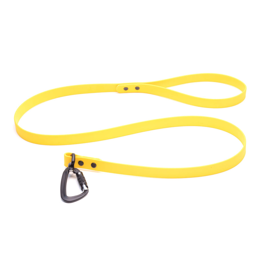 yellow biothane dog leash with sport hardware on white background