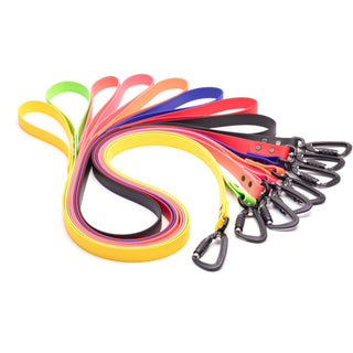 eight biothane dog leash with sport hardware on white background in multiple  colors