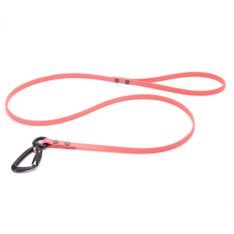 coral colored biothane waterproof dog leash with sport hardware on white background