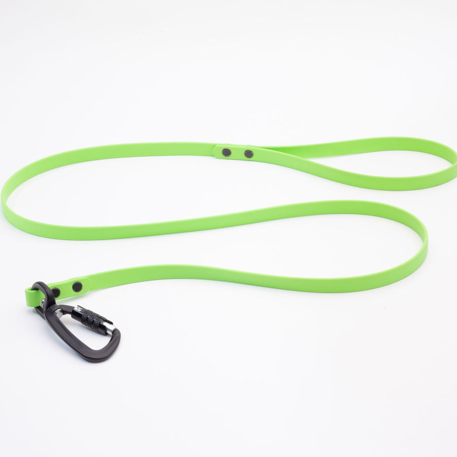 light green biothane dog leash with sport hardware on white background