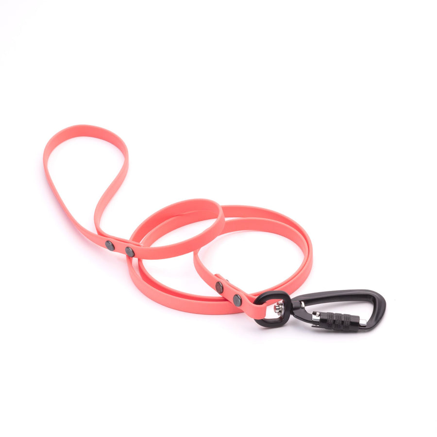 coral biothane dog leash with sport hardware on white background