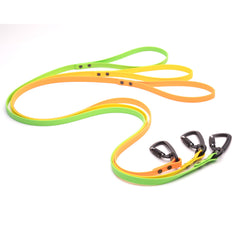 yellow green and orange biothane dog leash with sport hardware on white background