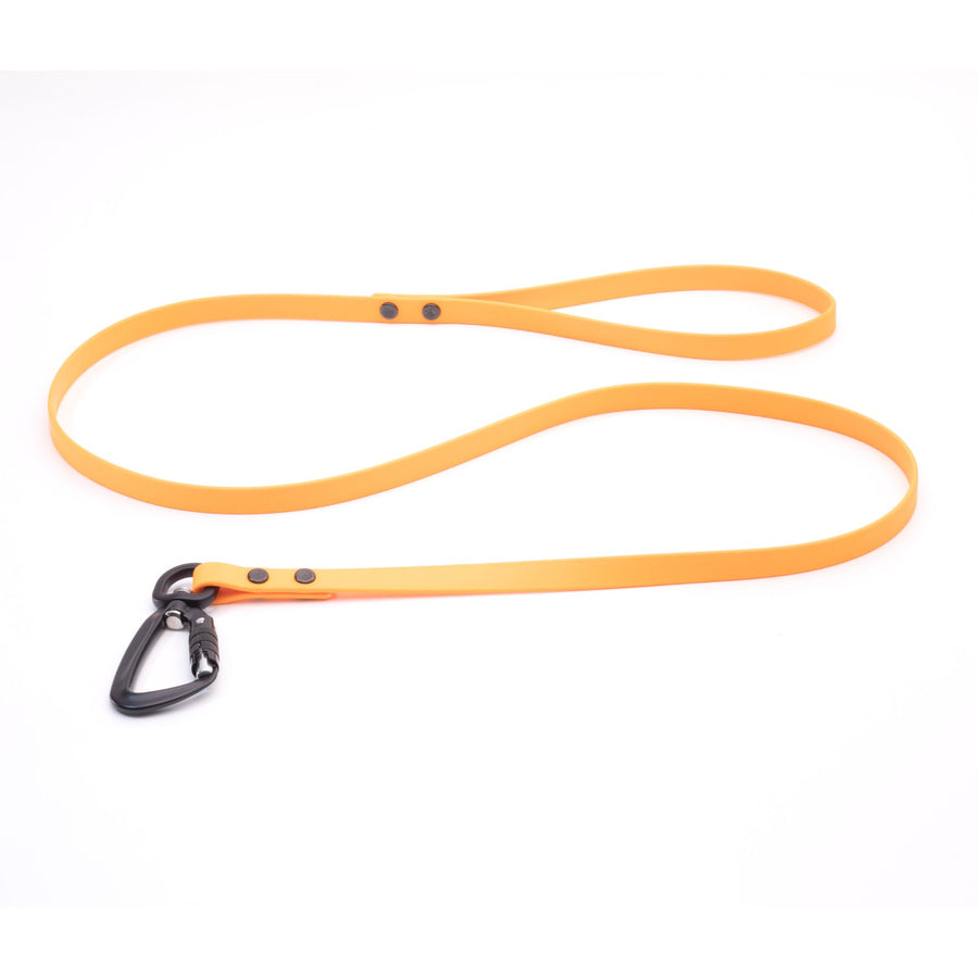 orange biothane dog leash with sport hardware on white background