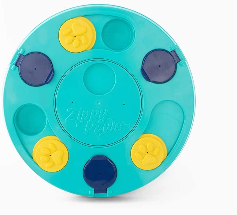 teal, blue and yellow dog puzzler treat dispenser