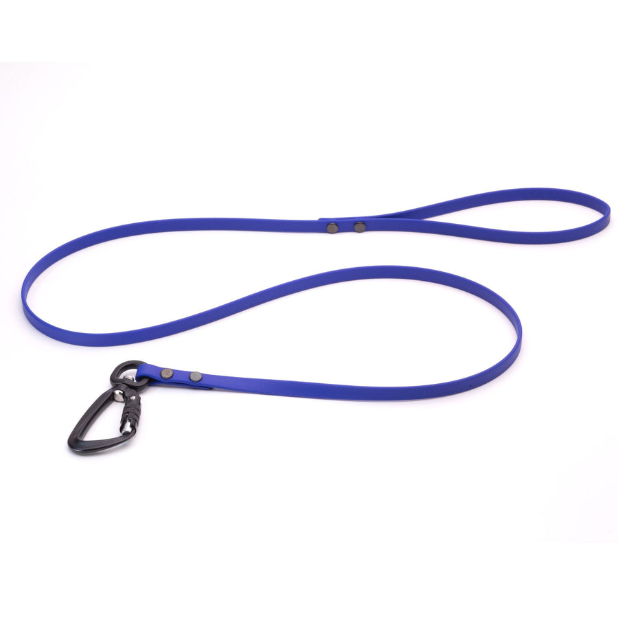 dark blue biothane dog leash with sport hardware on white background
