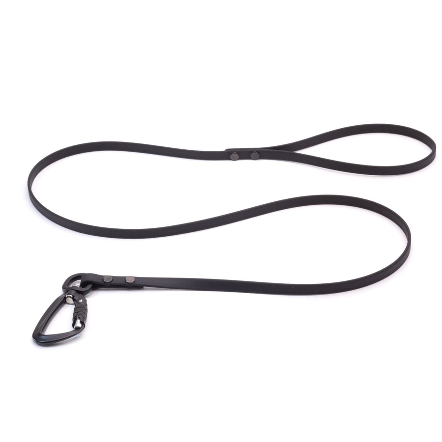 black biothane dog leash with sport hardware on white background