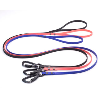 black coral and blue biothane dog leash with sport hardware on white background
