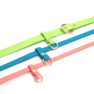 close up of brass hardware on three sizes of biothane dog leashes on white background
